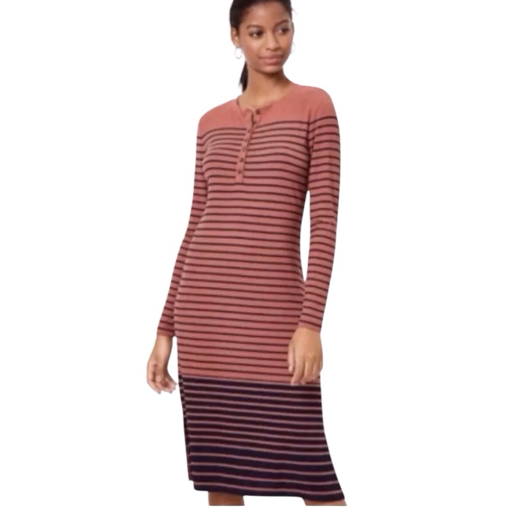LOFT Small Striped Henley Midi Dress Intense Copper Comfort‎ NEW